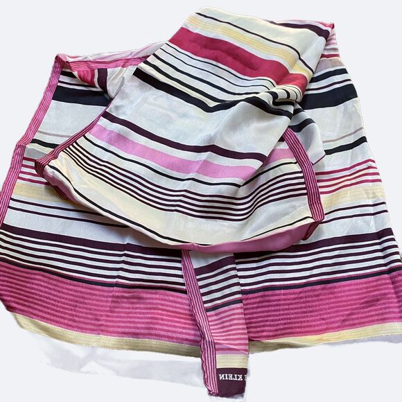 Vintage ANNE KLEIN 100% Silk Scarf Pinks Cream Nude Stripe Rectangle Elegant Y2K - Picture 6 of 9